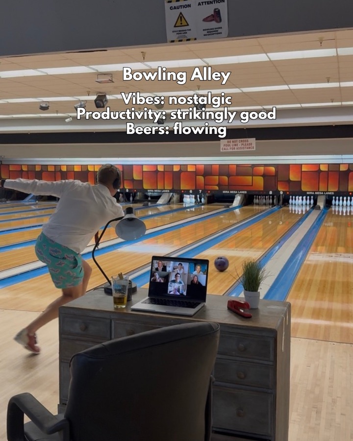 Scotty bowling mid-video-call at a bowling alley