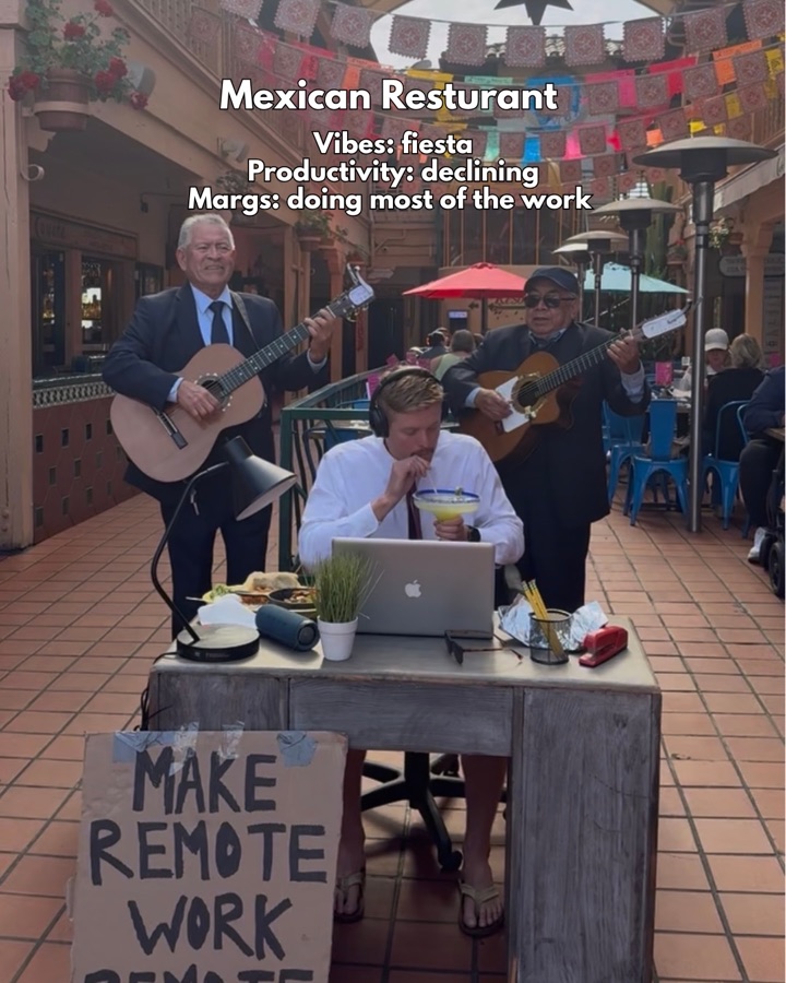 Scotty working at a Mexican restaurant with mariachis behind him