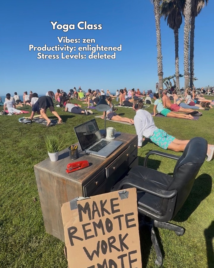 Scotty working from a desk at an outdoor yoga class